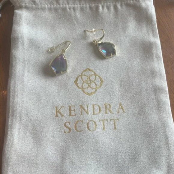 Kendra Scott Gold Tone Cory Drop Earrings Blue Dichroic Glass - Retired HTF - Picture 1 of 5